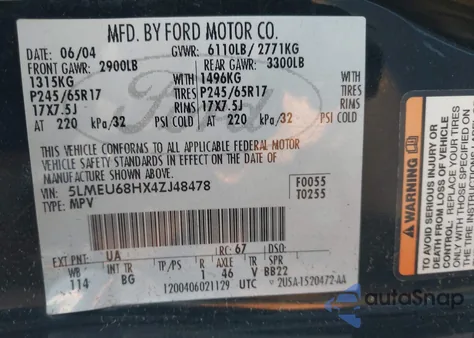 2004 Lincoln Aviator z USA, uszkodzony, nr VIN 5LMEU68HX4ZJ48478